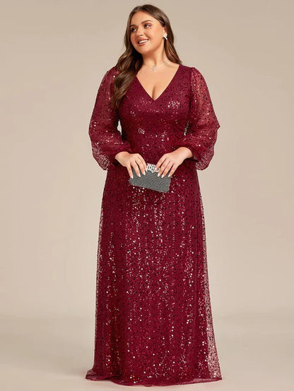 Plus Size V-Neck Lantern Long Sleeve Sequin A-Line Evening Dress/Prom Dresses Party Dresses