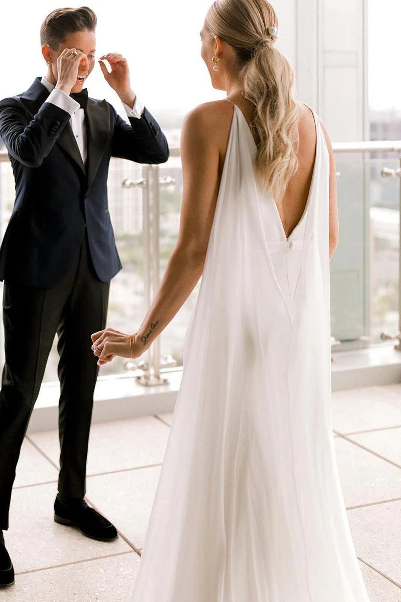 Charming Mermaid V Neck Satin Long Wedding Dresses with Chiffon