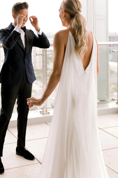Charming Mermaid V Neck Satin Long Wedding Dresses with Chiffon