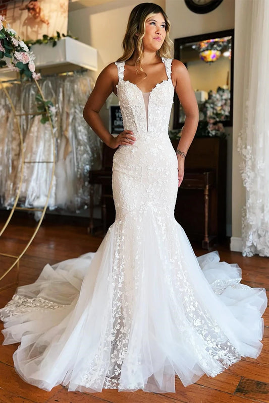 White Lace Square neck Off-the-Shoulder Trumpet Wedding Dress With Attached Train
