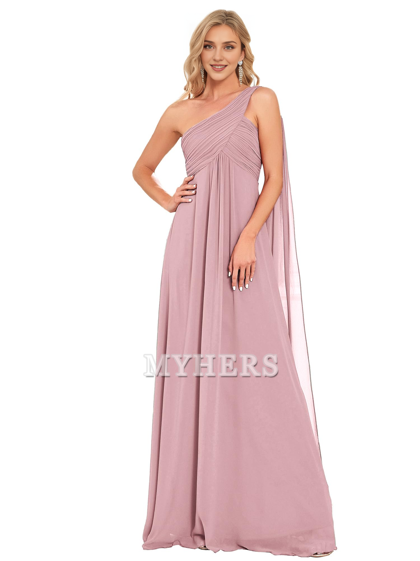 One Shoulder Empire Waist Chiffon Pleated Elegant Long Bridesmaid Dresses Wedding Guests Dresses