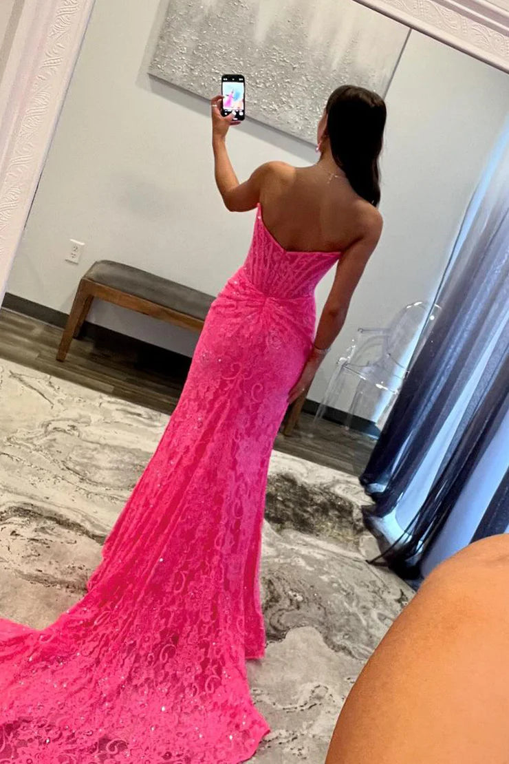 Cute Mermaid Scoop Neck Off-the-Shoulder Hot Pink Lace Long Prom Dress with Slit