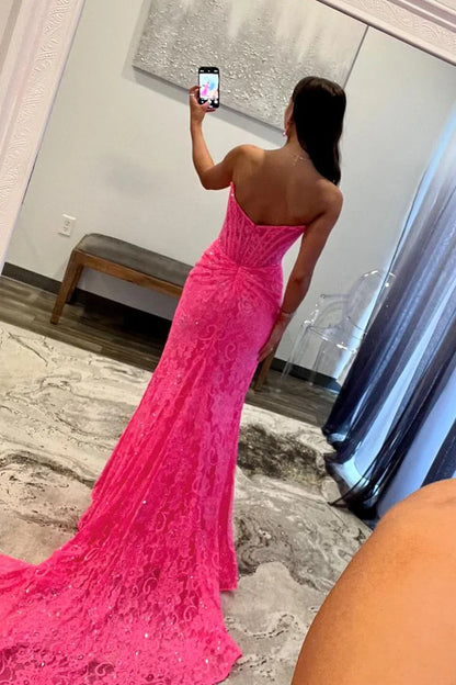 Cute Mermaid Scoop Neck Off-the-Shoulder Hot Pink Lace Long Prom Dress with Slit
