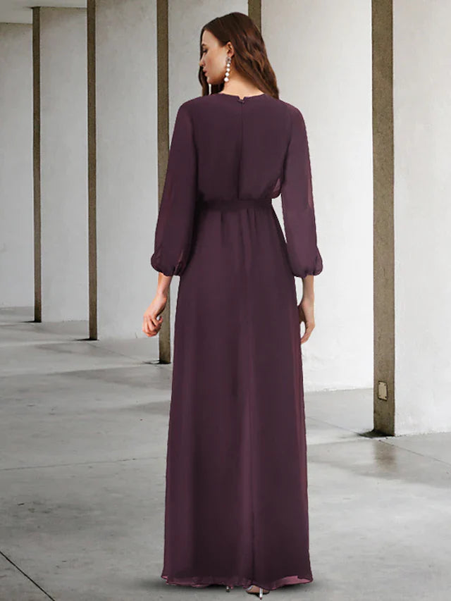 A-Line Mother of the Bride Dress Elegant V Neck Floor Length Chiffon Long Sleeve with Split Front