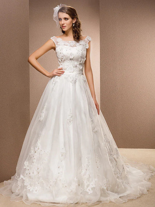 A-Line Wedding Dresses Scoop Neck Chapel Train Lace Organza Sleeveless with Sash Ribbon Beading Appliques