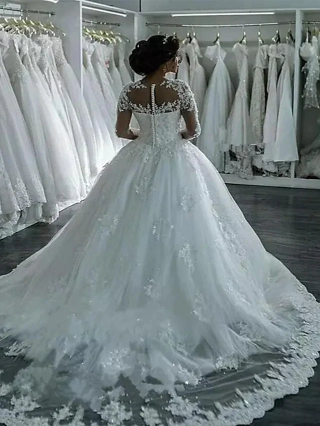 A-Line Wedding Dresses High Neck Court Train Lace Long Sleeve Country Glamorous Backless Illusion Sleeve with