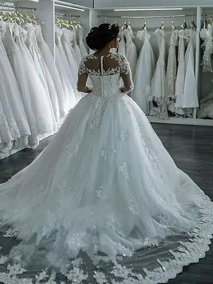 A-Line Wedding Dresses High Neck Court Train Lace Long Sleeve Country Glamorous Backless Illusion Sleeve with