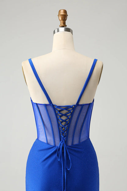 Royal Blue V-Neck Mermaid Spaghetti Strap Beaded Corset Long Prom Dress with Slit