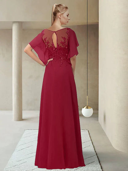 Mother of the Bride Dress Elegant Jewel Neck Floor Length Chiffon Lace Half Sleeve with Appliques