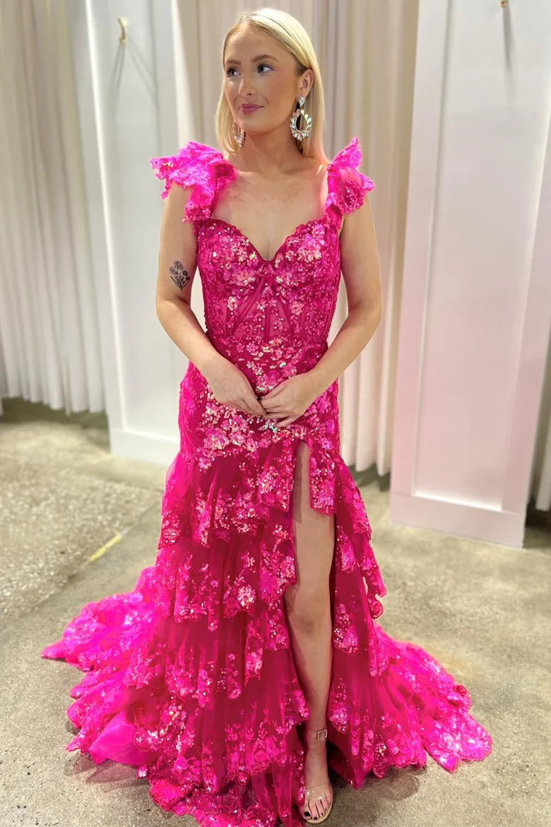 Sequin-Embroidery Off-the-Shoulder Tiered Long Prom Dress with Slit