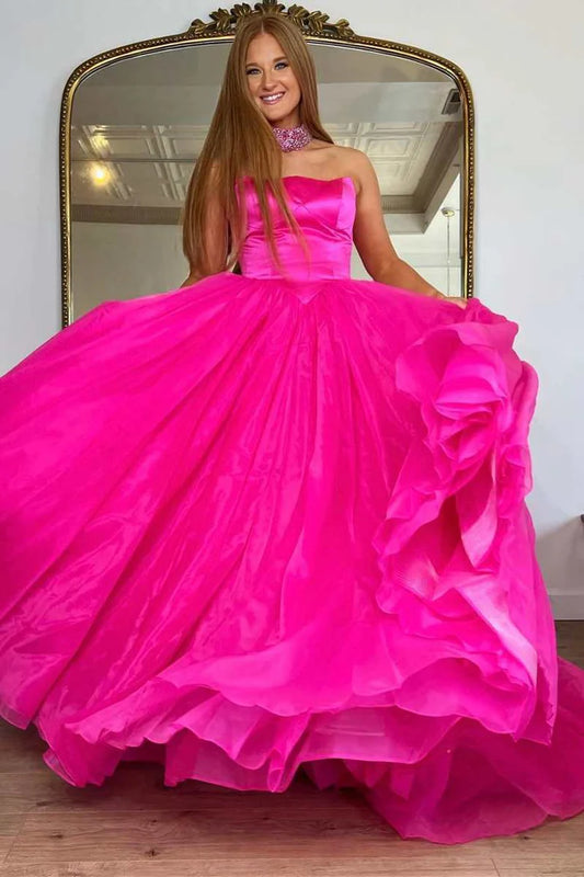 Strapless A-Line Long Prom Dress with Beaded Neck