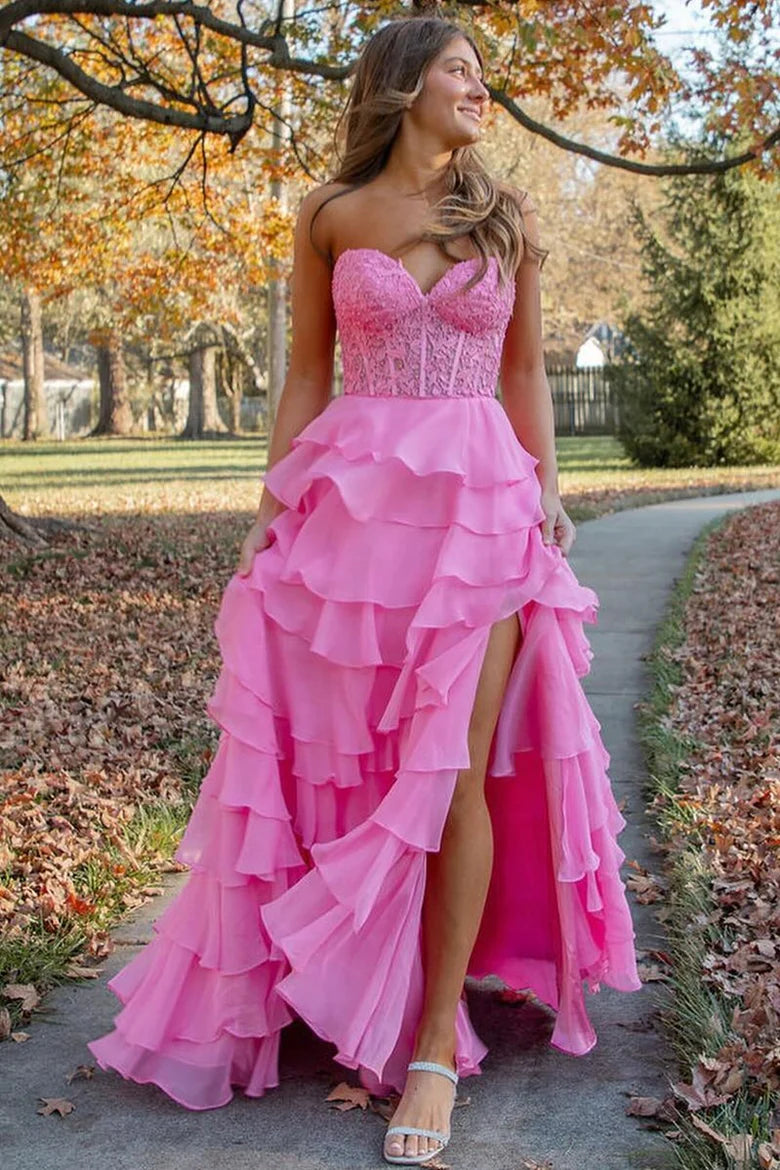 Chiffon Sweetheart Ruffle Tiered Long Prom Dress