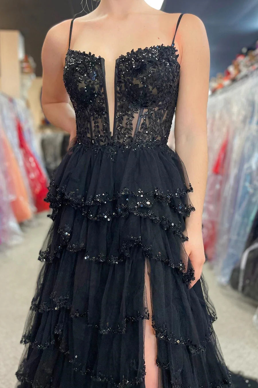 Sequin Lace Spaghetti Strap Ruffle Tiered Long Prom Dress