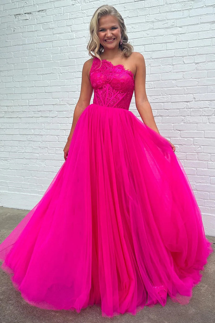Lace One-Shoulder A-Line Formal Dress with Detachable Sleeves