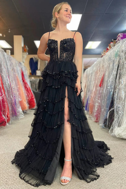 Sequin Lace Spaghetti Strap Ruffle Tiered Long Prom Dress