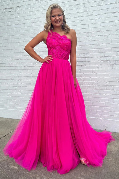Lace One-Shoulder A-Line Formal Dress with Detachable Sleeves