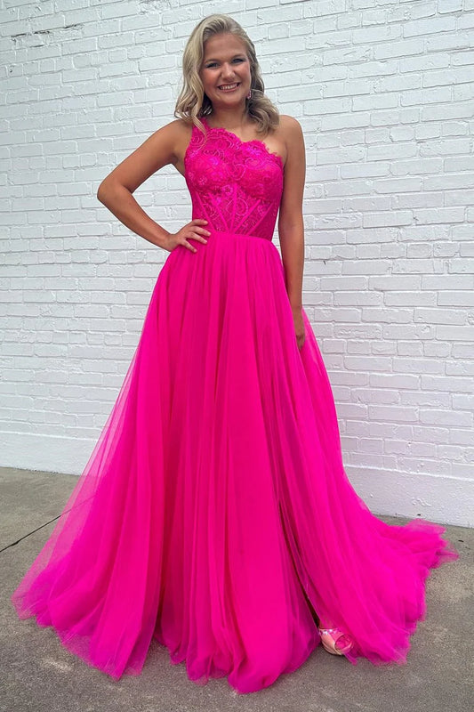 Lace One-Shoulder A-Line Formal Dress with Detachable Sleeves
