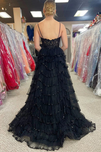 Sequin Lace Spaghetti Strap Ruffle Tiered Long Prom Dress