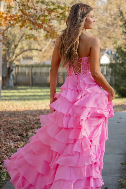 Chiffon Sweetheart Ruffle Tiered Long Prom Dress