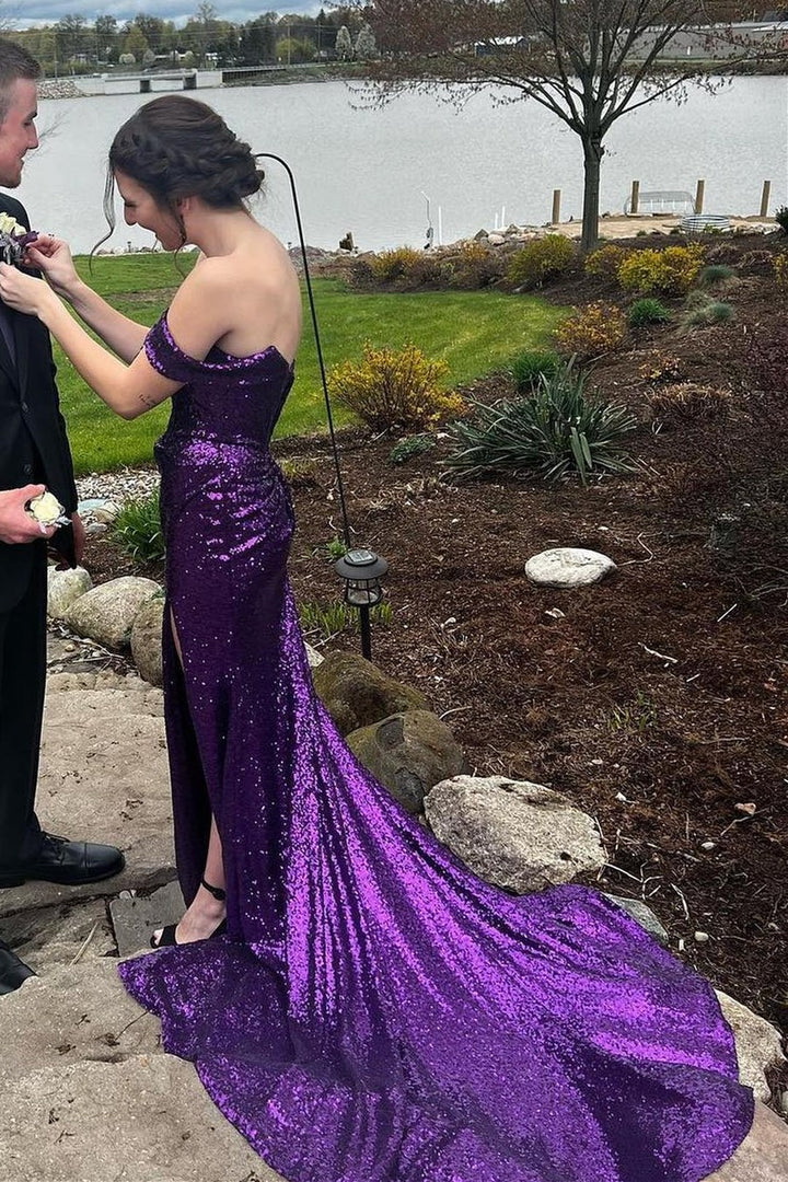Sequin Off-the-Shoulder Mermaid Long Prom Dress with Slit