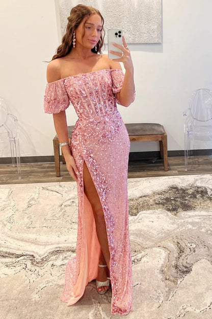 Sequin Off-the-Shoulder Long Formal Dress with Puff Sleeves and Slit