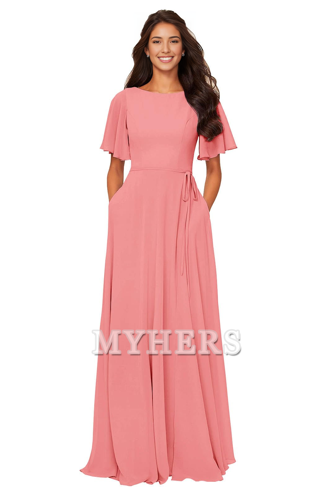 Chiffon Modest A Line Bateau Neck Flutter Sleeve Elegant Bridesmaid Dresses Wedding Guests Dresses