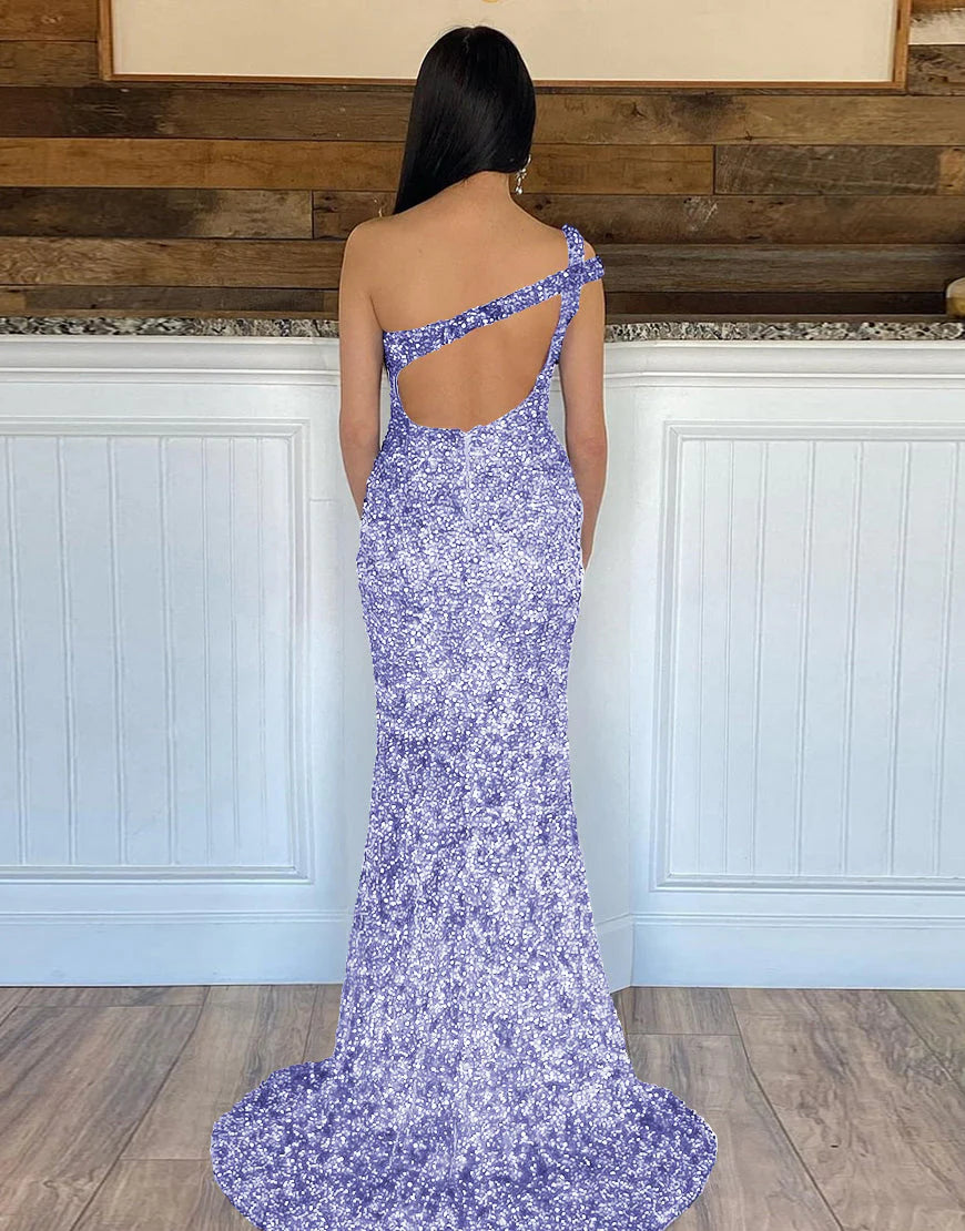 One Shoulder Open Back Sequin Prom Dress