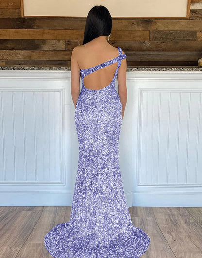 One Shoulder Open Back Sequin Prom Dress