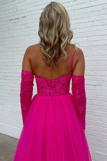 Lace One-Shoulder A-Line Formal Dress with Detachable Sleeves