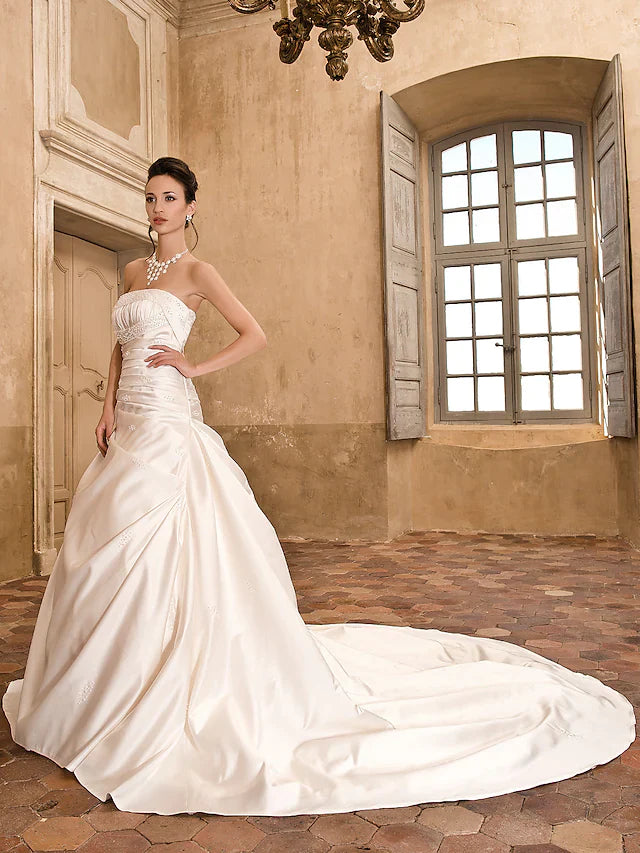 Princess A-Line Wedding Dresses Strapless Chapel Train Satin Sleeveless