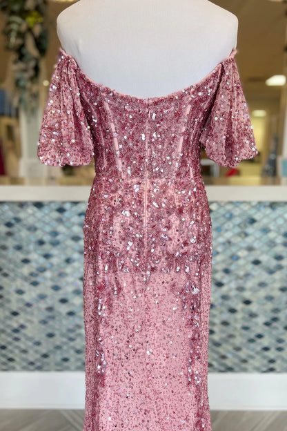 Sequin Off-the-Shoulder Long Formal Dress with Puff Sleeves and Slit