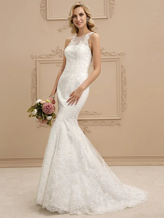 Wedding Dresses Bateau Neck All Over Lace Regular Straps Sexy Illusion Detail Backless with Beading Appliques