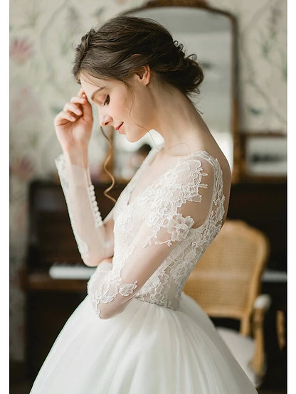 Ball Gown Wedding Dresses V Neck Chapel Train Tulle Long Sleeve Formal with Pleats Appliques