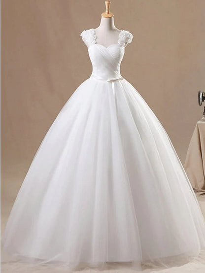 Ball Gown Wedding Dresses Jewel Neck Floor Length Chiffon Tulle Sleeveless Formal with Ruched Appliques