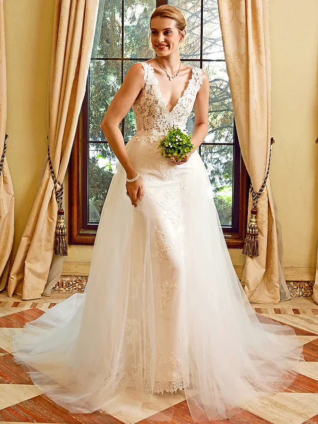 Wedding Dresses V Neck Chapel Train Lace Tulle Regular Straps See-Through with Appliques