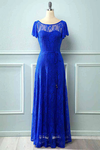 Royal Blue Round neck Lace Backless Cap Retract your waist Sleeve Bridesmaid Dress ﻿