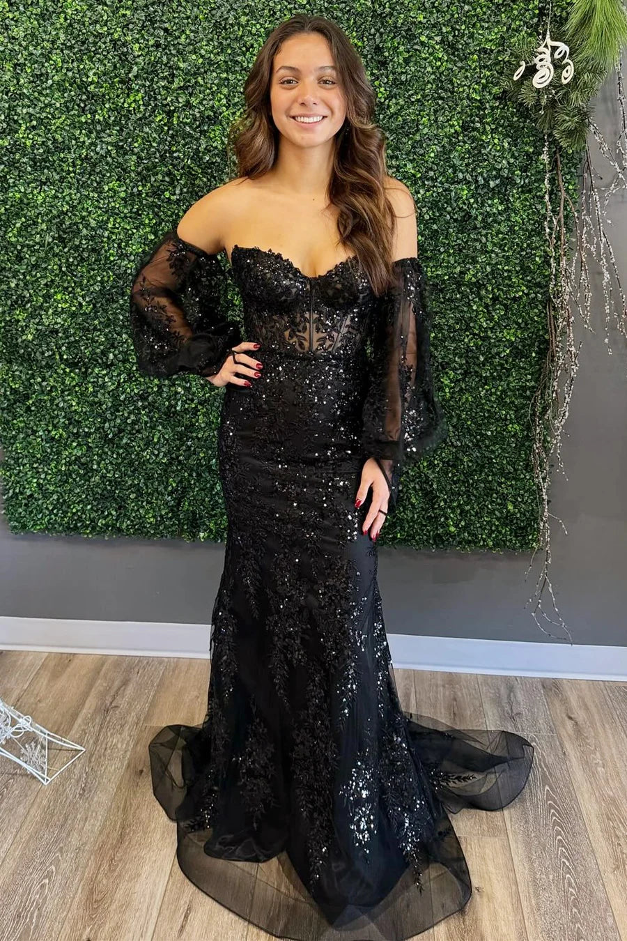 Sequin Lace Strapless Long Formal Dress with Balloon Sleeves