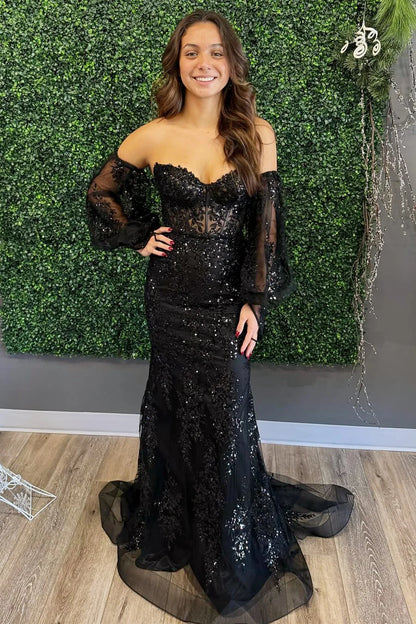 Sequin Lace Strapless Long Formal Dress with Balloon Sleeves