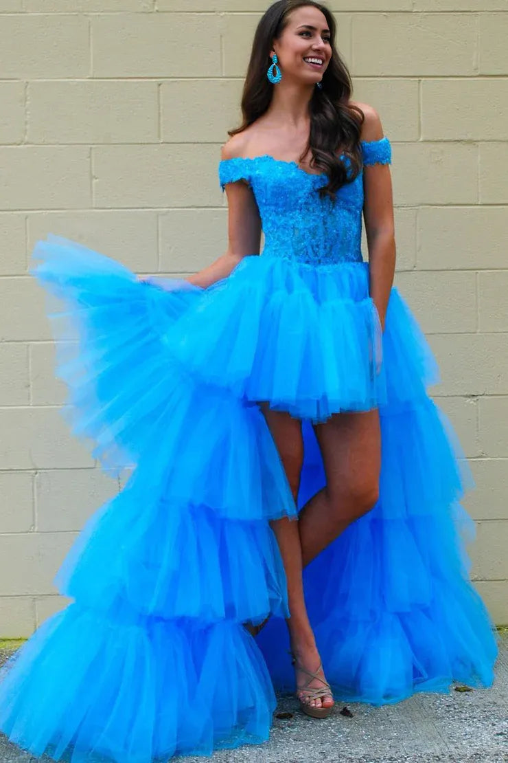 Stunning Off the Shoulder Blue Applique Tulle High Low Long Prom Dresses