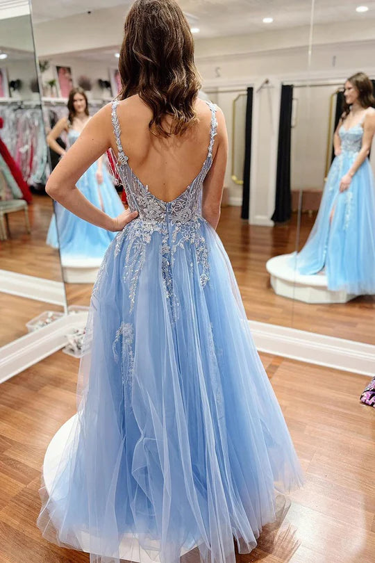 Cute A-Line Sweetheart Light Blue Spaghetti Strap Tulle Long Prom Dresses with Appliques