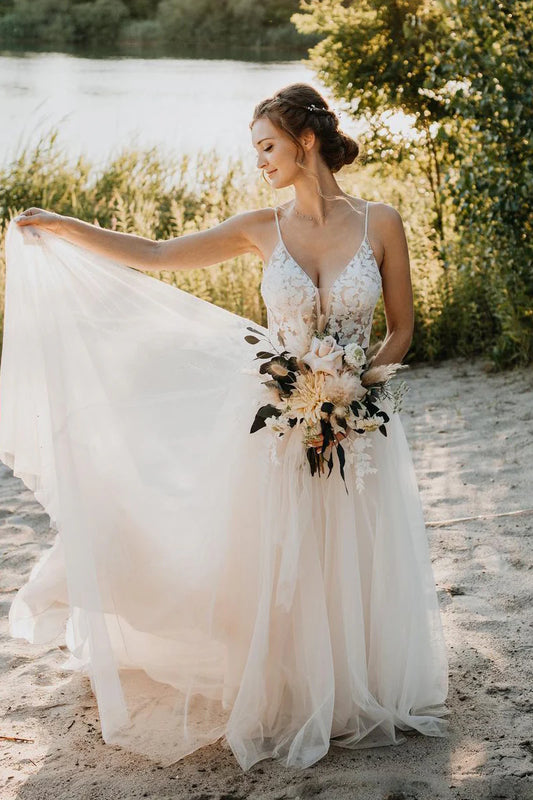 Fairy A Line V Neck Spaghetti Strap Tulle Backless Long Wedding Dresses with Appliques