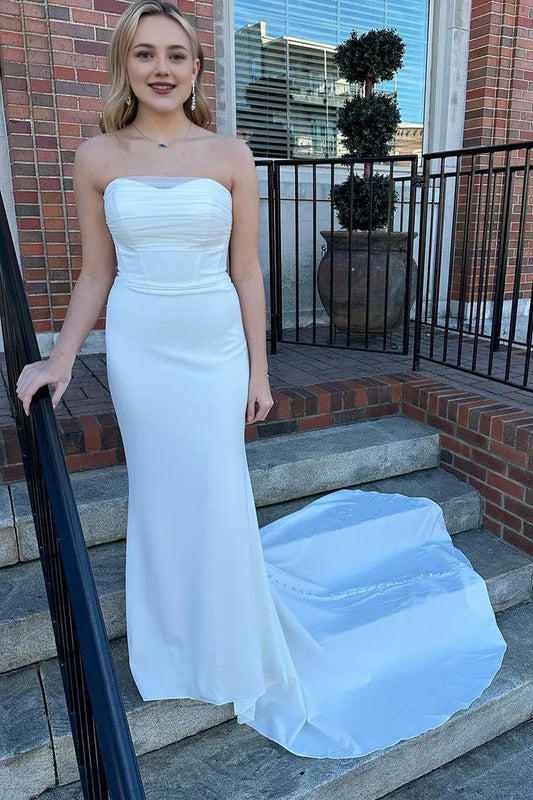 Elegant Mermaid Off-the-Shoulder Satin White Back Buckle Mopping The Floor Wedding Dresses