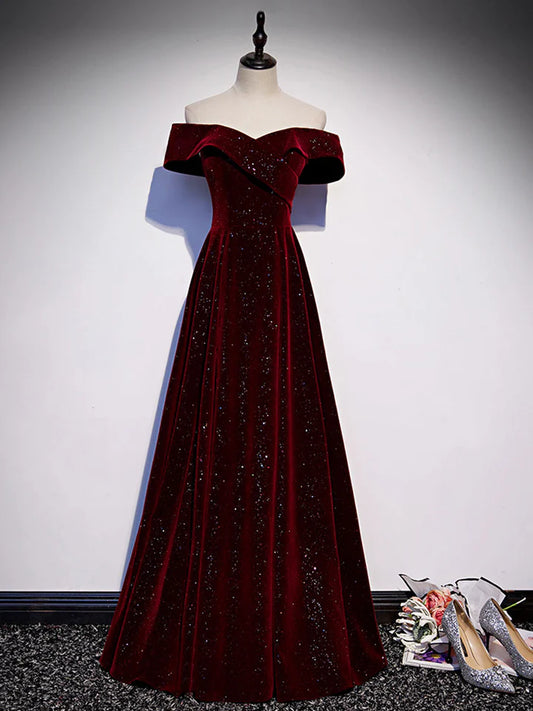 Autumn Winter Wedding Guests Dress A-Line Off Shoulder Velvet Long Length Formal Evening Dress