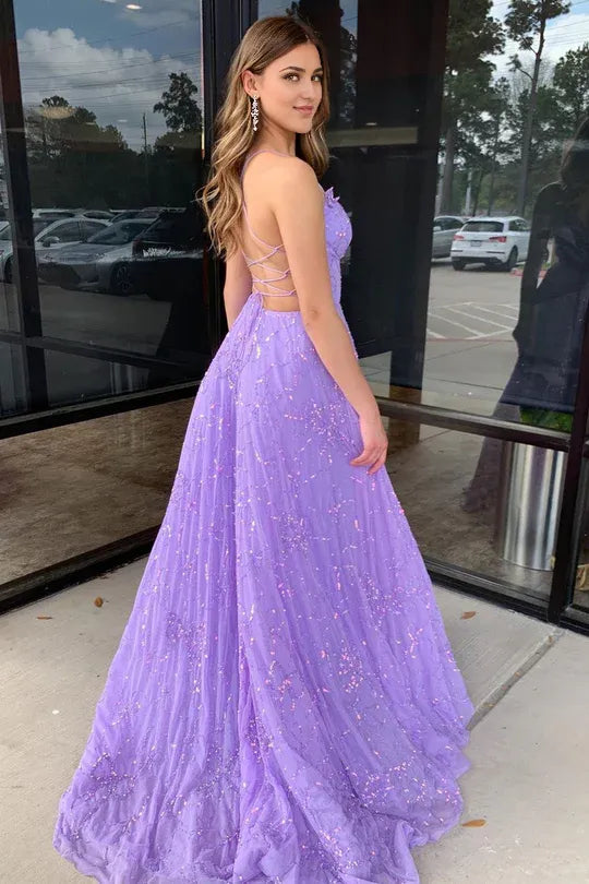 A-Line V Neck Spaghetti Strap Lilac Tulle Lace-Up Back Long Prom Dress with Sequin