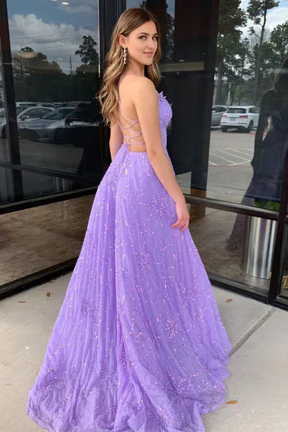 A-Line V Neck Spaghetti Strap Lilac Tulle Lace-Up Back Long Prom Dress with Sequin