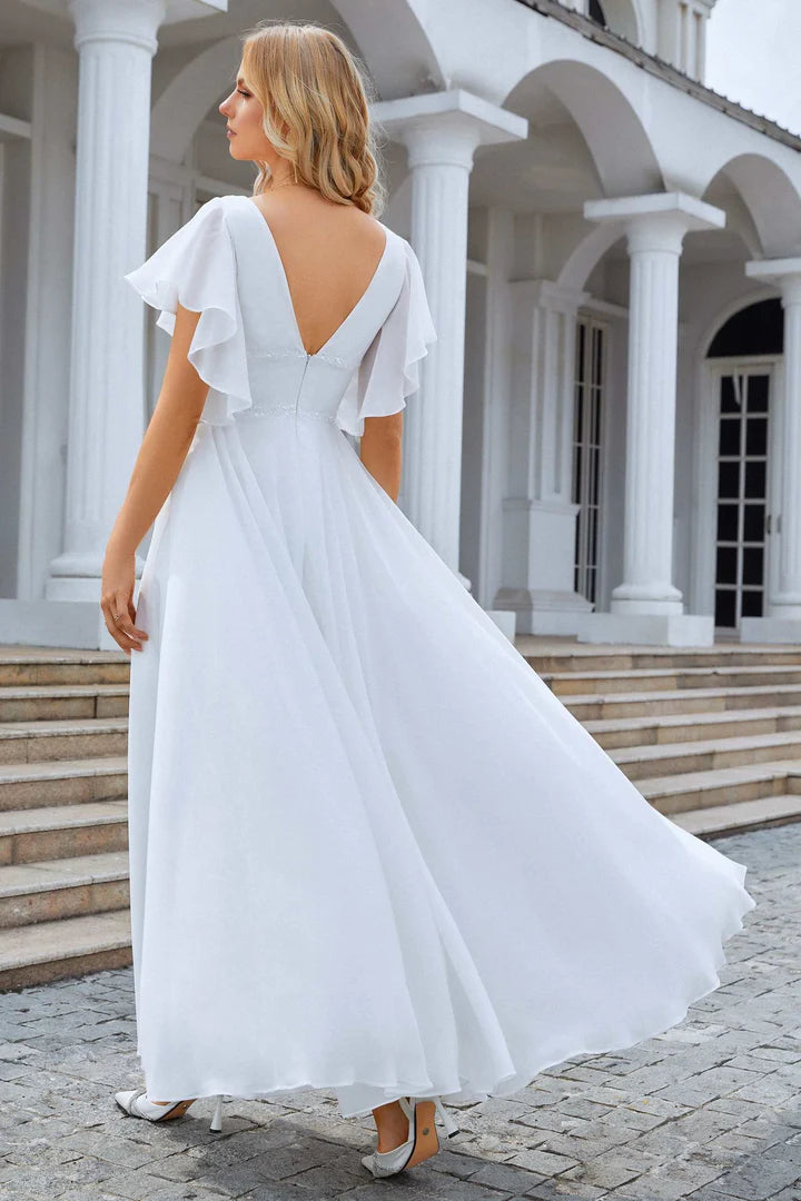 Chiffon V-Neck A-Line Long Dress with Flared Sleeves