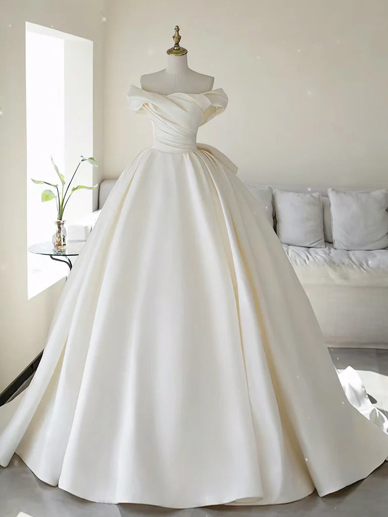 Wedding Dress Simple Formal Off Shoulder Satin Elegant Long Dress