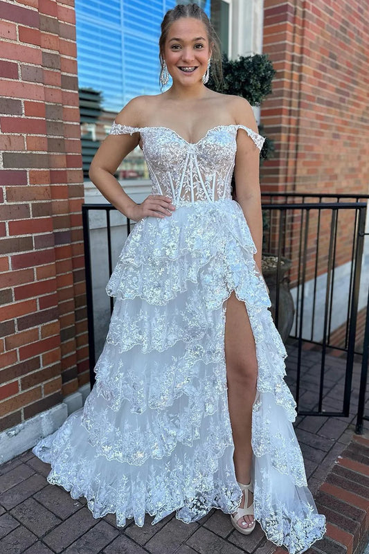 White A-Line Off-the-Shoulder Tulle Tiered Split Fork Floor-Length Prom Dress