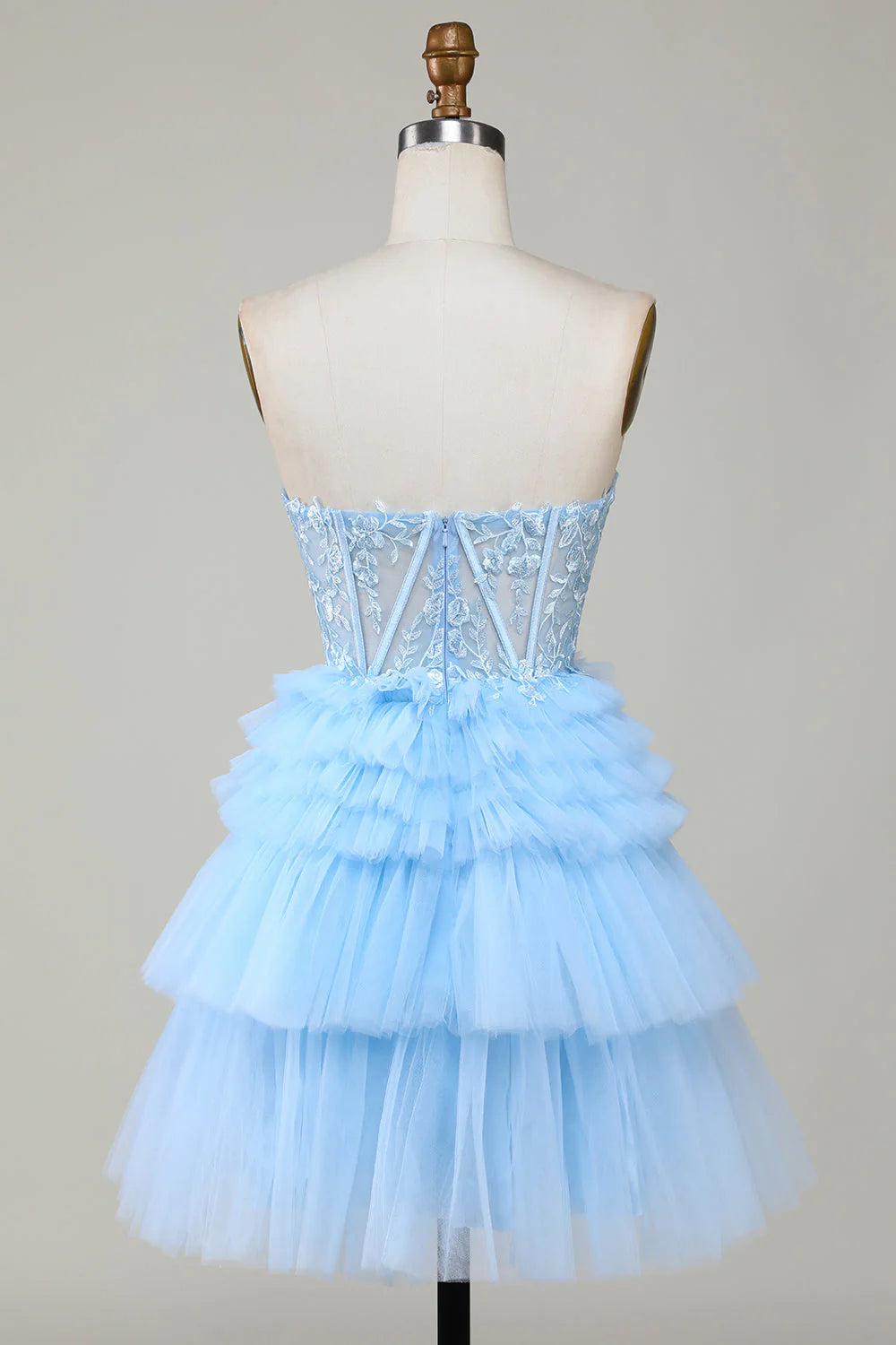 Blue Corset Off-the-Shoulder Cute Applique Tiered Homecoming Dress with Ruffles