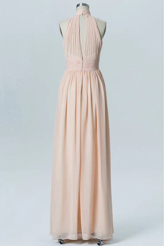 Nude Round neck High Halter Keyhole Pleats Bridesmaid Dress